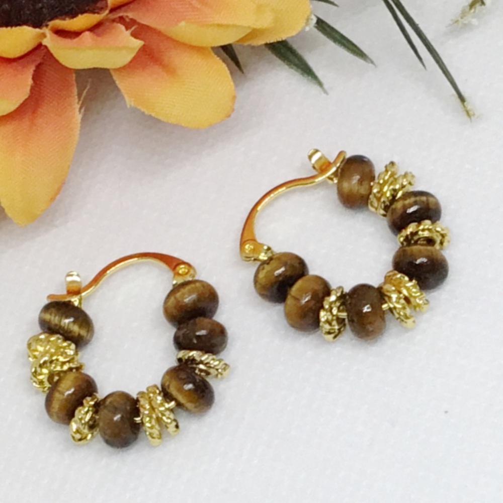 14K Gold Tiger Eye Hoop Earrings